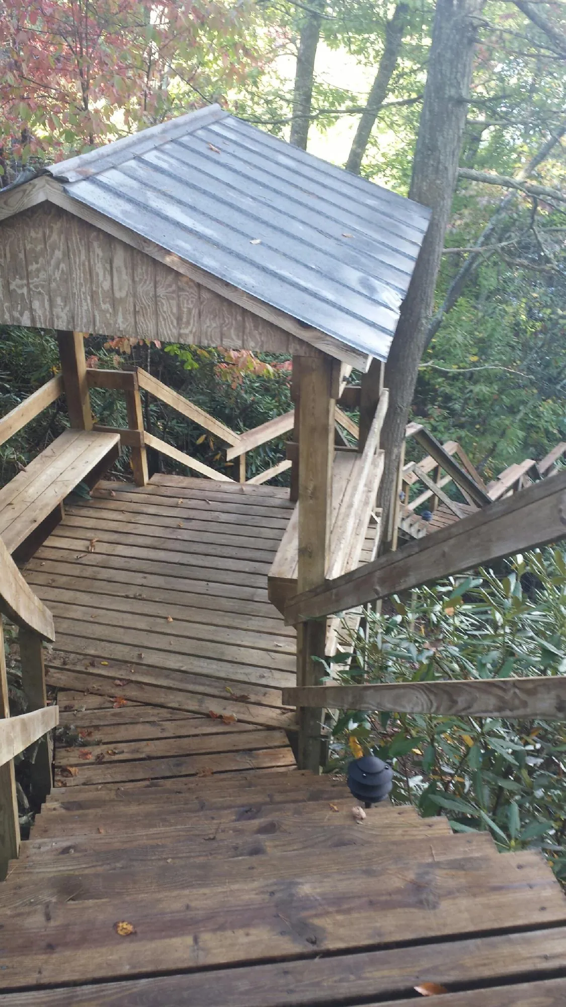 Metal roofed shelter over wooden steps on a wooded walkway — Skylight Repair & Installation work by our crew in Scribner